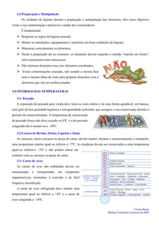 2.2-Preparação e Manipulação
Os cuidados de higiene durante a preparação e manipulação dos alimentos, têm como objectivo
evitar a sua contaminação e preservar a saúde dos consumidores.
É fundamental:
Respeitar as regras de higiene pessoal;
Manter as instalações, equipamentos e utensílios em boas condições de higiene;
Manusear correctamente os alimentos;
Desde a preparação até ao consumo, os alimentos devem respeitar o sentido “marcha em frente”,
sem cruzamentos nem retrocessos;
Não misturar alimentos crus com alimentos cozinhados;
Evitar contaminações cruzadas, não usando a mesma faca
nem a mesma tábua de corte para preparar alimentos crus e
alimentos que vão ser confeccionados.
3-CONTROLO DAS TEMPERATURAS
3.1- Pescado
A exposição do pescado para venda deve fazer-se com critério e de uma forma agradável, em bancas,
com gelo de boa qualidade higiénica e em quantidade suficiente, que assegure a sua conservação durante o
período de comercialização. A temperatura de conservação
do pescado fresco não deve exceder os 0ºC. e a do pescado
congelado deve manter-se a –20ºC.
3.2-Carnes de Bovino, Ovino, Caprino e Suíno
As carcaças, meias carcaças ou peças de carne, devem manter, durante o armazenamento e transporte,
uma temperatura interna igual ou inferior a +7ºC. As miudezas devem ser conservadas a uma temperatura
igual ou inferior a +3ºC e não podem entrar em
contacto com as carcaças ou peças de carne.
3.3- Carne de Aves
As carnes de aves não embaladas devem ser
armazenadas e transportadas em recipientes
imputrescíveis, resistentes à corrosão e de fácil
limpeza e desinfecção.
A carne de aves refrigerada deve manter uma
temperatura igual ou inferior a +4ºC e a carne de
aves congelada a –18ºC.
65ºC Pratos cozinhados
20ºC
15ºC
14ºC Enchidos curados
10ºC Queijo curado
8ºC Leites fermentados – Iogurtes
7ºC
6ºC
5ºC
4ºC
Leite pasteurizado – Queijo pasta mole – Queijo
fresco – manteigas – margarinas – charcutaria
3ºC Caça menor – Aves – Coelhos - Miudezas
2ºC Pastelaria – Pratos cozinhados
CARNE DE BOVINO
OVINO – SUÍNO
CAÇA MAIOR
0ºC Pescado fresco – Crustáceos – Carne picada
–12ºC
–18ºC
Carne de bovino – Ovino – Suíno – Aves
Coelho – ManteigaCONGELADOS
–20ºC Pescado congelado – Ultracongelados – Gelados
Celeste Bento
Médica Veterinária Assessora da DRP
 