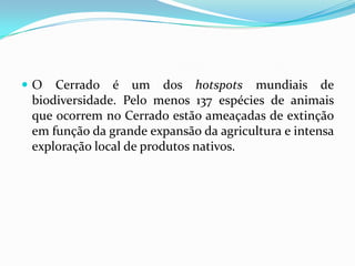 O   Cerrado é um dos hotspots mundiais de
 biodiversidade. Pelo menos 137 espécies de animais
 que ocorrem no Cerrado estão ameaçadas de extinção
 em função da grande expansão da agricultura e intensa
 exploração local de produtos nativos.
 
