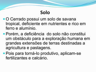 Solo
 O Cerrado possui um solo de savana
  tropical, deficiente em nutrientes e rico em
  ferro e alumínio.
 Porém, a deficiência do solo não constitui
  um obstáculo para a exploração humana em
  grandes extensões de terras destinadas a
  agricultura e pastagens.
 Pois para torná-lo produtivo, aplicam-se
  fertilizantes e calcário.
 