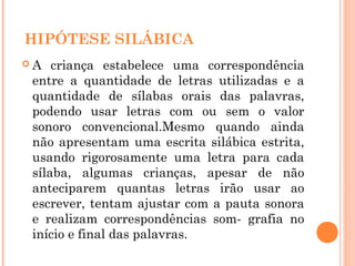 HIPÓTESE SILÁBICA
 A criança estabelece uma correspondência
entre a quantidade de letras utilizadas e a
quantidade de sílabas orais das palavras,
podendo usar letras com ou sem o valor
sonoro convencional.Mesmo quando ainda
não apresentam uma escrita silábica estrita,
usando rigorosamente uma letra para cada
sílaba, algumas crianças, apesar de não
anteciparem quantas letras irão usar ao
escrever, tentam ajustar com a pauta sonora
e realizam correspondências som- grafia no
início e final das palavras.
 