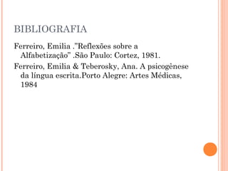 BIBLIOGRAFIA
Ferreiro, Emilia .”Reflexões sobre a
Alfabetização” .São Paulo: Cortez, 1981.
Ferreiro, Emilia & Teberosky, Ana. A psicogênese
da língua escrita.Porto Alegre: Artes Médicas,
1984
 