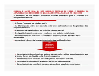EMBORA O JAPÃO SEJA UM DOS GRANDES CENTROS DE PODER E DECISÃO DA
ACTUALIDADE AS CONDIÇÕES E A QUALIDADE DE VIDA NÃO SÃO AS MELHORES
A existência de um modelo económico dualista contribuiu para o aumento das
desigualdades sociais:


  O fim do “emprego para toda a vida”.
  As diferenças de salário e de estatuto social entre os trabalhadores das grandes e das
pequenas empresas.
  O aumento de trabalhadores em trabalho a tempo parcial.
  Desigualdade social entre sexos – mulheres com salários mais baixos.
  Envelhecimento da população – aumento da esperança média de vida e baixa
fecundidade.
  Aumento do número de imigrantes oriundos das regiões vizinhas.
                                         Estes
                                      fenómenos
                                      conduzem a
                                     um aumento:




   Da contestação juvenil contra o sistema escolar muito rígido e as desigualdades que
 provoca, devido ao elevado custo do ensino superior.
   Das reivindicações sindicais para redução dos horários de trabalho.
   Do número de movimentos a favor da defesa do meio ambiente.
   Da contestação ao modelo de consumo por parte da população mais jovem.
 