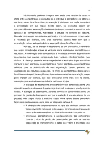 13
Intuitivamente podemos imaginar que existe uma relação de causa e
efeito entre competências e resultados: se o indivíduo é competente ele obterá o
resultado; se um fiscal fazendário, por exemplo, é efetivo em sua tarefa, aumentará
a arrecadação em sua região. Sendo assim, os resultados podem ser
compreendidos com a conseqüência decorrente de comportamentos assumidos e da
aplicação de conhecimentos, habilidades e atitudes no contexto de trabalho.
Contudo, nem sempre esta relação é verdadeira, pois outras variáveis podem afetar
o resultado: por exemplo, uma crise econômica poderia fazer com que a
arrecadação caísse, a despeito de toda a competência do fiscal fazendário.
Por isso, ao se analisar o desempenho de um profissional, é relevante
que sejam consideradas ambas as variáveis acima explicitadas: competências e
resultados. A combinação entre competências e resultados provê um diagnóstico do
desempenho mais preciso, considerando duas variáveis interdependentes, mas
distintas. A diferença essencial entre competências e resultados é que este último
mensura “o que” aconteceu e a competência o “como” aconteceu. As competências
definidas para os profissionais de uma organização devem, portanto, ser
viabilizadoras dos resultados propostos. No limite, as competências ideais para o
fiscal fazendário que foi exemplificado, devem elevar o nível de arrecadação, o que
pode implicar, por exemplo, que este profissional tenha mais foco no cliente,
orientação para resultados ou que trabalhe melhor em equipe.
A avaliação do desempenho profissional deve ser considerada como uma
sistemática contínua e integrada à gestão organizacional, e não como uma ferramenta
isolada. A avaliação de desempenho, portanto, deveria ser compreendida como um
processo de gestão do desempenho, em que a avaliação é uma das etapas de um
processo mais amplo, cíclico e evolutivo. Desta forma, quatro etapas primordiais
fazem parte deste processo, como pode ser observado na figura 2:
A obtenção do comprometimento: na qual são definidos acordos de
desenvolvimento individuais e de equipes, por meio da contratação de
metas e de ações que visem ao desenvolvimento de competências.
Orientação, aconselhamento e acompanhamento dos profissionais
durante o ciclo de gestão do desempenho, por meio de eventos
específicos de monitoramento e ações que visem à orientação dos
 