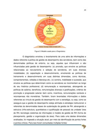 23
Figura 5: Modelo usado para o Diagnóstico
O diagnóstico envolveu o levantamento de uma série de informações e
dados referente à política de gestão do desempenho dos servidores, bem como das
denominadas políticas de entorno, ou seja, aquelas que influenciam e são
influenciadas pela gestão do desempenho: (a) provisão, que envolve as políticas
relacionadas ao recrutamento e seleção de servidores, em suas diversas
modalidades; (b) capacitação e desenvolvimento, envolvendo as políticas de
treinamento e desenvolvimento em suas distintas dimensões, como técnicas,
comportamentais, voltadas à liderança etc.; (c) carreira, mobilidade e sucessão, que
envolve as políticas que determinam como os servidores se movimentam ao longo
do seu histórico profissional; (d) remuneração e recompensas, abrangendo as
políticas de salários, benefícios, remunerações diversas e gratificações, critérios de
promoção e progressão salarial, bem como, incentivos, remunerações variáveis e
recompensas não monetárias. Também, foram levantadas informações e dados
referentes ao vínculo da gestão do desempenho com a estratégia, ou seja, como se
assegura que a gestão do desempenho esteja alinhada à estratégia institucional; e
referentes às denominadas bases de sustentação da gestão de RH, abrangendo a
estrutura (infra-estrutura, quantitativos e qualificação de pessoal) da unidade/ área
de RH, tecnologia (sistemas de informação) e modelo de gestão de RH (forma de
planejamento, gestão e organização da área). Para cada uma destas dimensões
analisadas, foi mapeada a situação atual, por meio da identificação de pontos fortes
e pontos críticos. Para isso foram consultadas múltiplas fontes:
Desempenho
Prover
Capacitar
e
Desenvolver
Carreira,
Mobilidade e
Sucessão
Remunerar
e
Recompensar
Comunicação
Interna
Folha de
Pagamento
Clima
Organizacio-
nal
Relações
Sindicais
Saúde, Bem
Estar e
Segurança
Responsa-
bilidade
Social
Gestão
do
Desempenho
(Resultados
e Competências)
Estratégia
Estrutura, Tecnologia e Modelo de Gestão de RH
 
