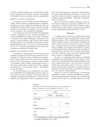 111
tes. Pode-se concluir, também, que o resultado total de explo-
ração e compromisso não exprime o processo de construção
de identidade, devendo-se estudar cada área separadamente.
Quanto ao estado de identidade
Foi traçado o perfil individual de cada adolescente do
estudo, baseado no grau de comprometimento e exploração,
situando-os em um dos estados de identidade de acordo com
o paradigma de Marcia (1966). Foram encontrados três ado-
lescentes em construção de identidade, sete em moratória,
seis em execução, e nove em difusão de identidade.
Uma extensão do Teste Exato de Fisher foi utilizada para
verificar a significância entre o estado de identidade e as
variáveis trabalhadas, sexo, idade e série escolar. O tratamen-
to estatístico não evidenciou diferenças em relação aos três
aspectos. Novamente pode ter sido devido ao baixo número
de participantes ou ser conseqüência da pequena variação
da idade (somente 3 anos: 15, 16 e 17) e série escolar (somente
três: 1
a
, 2
a
e 3
a
séries do Ensino Médio), já que o processo de
construção de identidade é bastante longo.
Quanto aos resultados do YSR
O resultado da segunda parte do Youth Self Report foi
analisado em relação ao escore total dos problemas de com-
portamento. No presente estudo, os problemas de comporta-
mento foram medidos através do escore total da segunda
parte do YSR. Os adolescentes, a partir das respostas dadas
ao instrumento, foram divididos em dois grupos: clínicos e
não-clínicos. Desse modo, 14 adolescentes foram considera-
dos não-clínicos e 11 adolescentes, clínicos – três limítrofes
com os oito clínicos.
Os três adolescentes que se encontravam em constru-
ção de identidade foram considerados não-clínicos. Após tra-
tar os dados com uma extensão do Teste Exato de Fisher, os
resultados mostraram uma tendência (p = 0,103) para mais
problemas de comportamento entre os estudantes em mora-
tória, ou seja, entre aqueles que apresentam comprometimen-
tos vagos e estão explorando as alternativas. Com este resul-
tado, foi realizada uma análise separada das variáveis que
compõem o estado de identidade – exploração e comprometi-
mento (ver Tabela 2).
Não foi encontrado resultado significativo através do
Teste Exato de Fisher entre exploração e problemas de com-
portamento (p = 0,428). Foi observado que a falta de compro-
metimento tinha relação positiva com a presença de proble-
mas de comportamento medido pelo YSR (p = 0,033).
Discussão
É consenso entre os autores que a adolescência começa
com a puberdade. O início da adolescência é marcado pelas
mudanças corporais. O fim da adolescência parece ser marca-
do pelas mudanças sociais, ou seja, quando o indivíduo com-
pleta as tarefas desenvolvimentais do período. Pensando
assim, entendemos porque, no estudo da identidade, há nu-
merosos trabalhos com estudantes universitários. A constru-
ção da identidade não fica limitada ao período cronológico da
adolescência (com final entre 18 ou 20 anos), mas prolonga-
se até que o indivíduo consiga, pelo menos, algumas tarefas,
como a carreira e a independência econômica.
Em geral, é a incapacidade para decidir uma identidade
ocupacional o que mais perturba os jovens (Erikson, 1972).
Desenvolver uma identidade madura supõe identificar-se com
uma ocupação determinada e com um núcleo de relações
interpessoais relativamente estáveis. Por isso, ao entrevis-
tarmos os adolescentes, separamos os domínios, porém os
analisamos de uma forma global, entendendo a identidade
como um construto multidimensional.
Apesar de ser aceito na literatura que os adolescentes
questionam os valores e conceitos estabelecidos, os estudan-
tes entrevistados pareceram concordar com a formação que
receberam de seus pais. Os resultados obtidos neste estudo
Tabela 02
Distribuição dos adolescentes pelo grau de comprometi-
mento e exploração e pelo resultado do YSR (n = 25)
Identidade em adolescentes
 