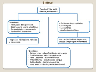 Séculos XVII e XVIII
Revolução científica
• Gabinetes de curiosidades
• Associações
• Laboratórios
• Academias científicas
Princípios
• Valorização da experiência
• Descrença no ensino aristotélico
• Racionalidade do pensamento
• Pensamento matemático
• Progressos na medicina, na física
e na química
Uso de instrumentos de precisão,
aliados à linguagem matemática
Cientistas
• Carolus Lineu – classificação dos seres vivos
• Francis Bacon – método experimental
• René Descartes – dúvida metódica
• William Harvey – circulação do sangue
• Galileu Galilei – teoria heliocêntrica
• Isaac Newton – lei da gravitação universal
Síntese
 