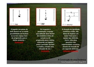 O jogador em posse da
bola deverá ver se existe
possibilidade de finalizar
ou se tem espaço livre
de progressão para a
baliza contrária –
Penetração.

Em resposta à
penetração, a equipa
que defende deve fechar
de imediato a linha de
remate ou de
progressão para a baliza,
colocando um jogador
entre o portador da bola
e a baliza, criando uma
situação de 1x1 –
Contenção.

A situação de igualdade
numérica criada, não
deixa de implicar um
maior risco para a
equipa que defende.
Assim, esta deve
procurar criar
superioridade numérica,
através da inclusão de
um segundo defensor Cobertura Defensiva.

A Construção de uma Dinâmica
Curso Treinadores UEFA B – Braga 2010

 