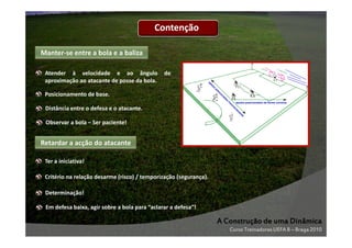 Contenção
Manter-se entre a bola e a baliza
de
os
oi
ap

Atender à velocidade e ao ângulo
aproximação ao atacante de posse da bola.

rr
co
in

apoios posicionados de forma correcta

t
en
m
ta
ec

Distância entre o defesa e o atacante.

os
ad
on
ci
si
po

Posicionamento de base.

e

Observar a bola – Ser paciente!

Retardar a acção do atacante
Ter a iniciativa!
Critério na relação desarme (risco) / temporização (segurança).
Determinação!
Em defesa baixa, agir sobre a bola para “aclarar a defesa”!

A Construção de uma Dinâmica
Curso Treinadores UEFA B – Braga 2010

 