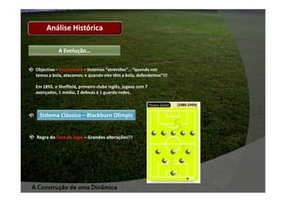 Análise Histórica
A Evolução…
Objectivo – Espectáculo – Sistemas “atrevidos”… “quando nós
temos a bola, atacamos; e quando eles têm a bola, defendemos”!!!
Em 1855, o Sheffield, primeiro clube inglês, jogava com 7
avançados, 1 médio, 2 defesas e 1 guarda-redes.

Sistema Clássico – Blackburn Olimpic

Regra do Fora de Jogo – Grandes alterações!!!

A Construção de uma Dinâmica

 