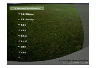Os Sistemas de Jogo Modernos

4:4:2 Clássico
4:4:2 Losango
4:3:3
4:1:4:1
4:2:3:1
4:1:3:2
5:2:3
3:5:2
…
A Construção de uma Dinâmica
Curso Treinadores UEFA B – Braga 2010

 