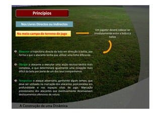 Princípios
Nos Livres Directos ou Indirectos
No meio-campo do terreno de jogo

Bloquear a trajectória directa da bola em direcção à baliza, por
forma a que o atacante tenha que utilizar uma linha diferente.
Obrigar o atacante a executar uma acção técnico-táctica mais
complexa, o que determinará igualmente uma recepção mais
difícil da bola por parte de um dos seus companheiros.
Temporizar o ataque adversário, ganhando algum tempo, que
deve ser utilizado na marcação dos atacantes posicionados em
profundidade e nos espaços vitais de jogo. Marcação
pressionante dos atacantes que eventualmente desenvolvam
deslocamentos ofensivos de rotura.

A Construção de uma Dinâmica

Um jogador deverá colocar-se
imediatamente entre a bola e a
baliza

 