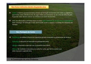 Nos livres indirectos dentro da grande área
Cobrir o máximo possível da baliza através da formação da barreira com todos os jogadores,
que muitas vezes (devido às leis do jogo) terão que posicionar-se em cima da linha de golo.
O guarda-redes deverá colocar-se à frente e ao centro da barreira.
Uma vez efectuado o primeiro toque na bola toda a barreira de forma coesa e homogénea
deve convergir em direcção à bola diminuindo assim o espaço e o tempo do atacante em
rematar.

Nos Pontapés de Canto
Posicionar um defesa à frente da trajectória da bola movendo-se activamente de forma a:
Perturbar o atacante na marcação do pontapé de canto.
Obrigar o atacante a executar um cruzamento mais difícil.
Marcar de imediato o atacante se o canto for curto, por forma a evitar que
este cruze para a grande área.

A Construção de uma Dinâmica

 
