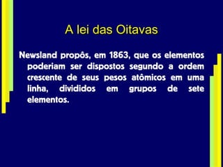 A lei das Oitavas Newsland propôs, em 1863, que os elementos poderiam ser dispostos segundo a ordem crescente de seus pesos atômicos em uma linha, divididos em grupos de sete elementos.  