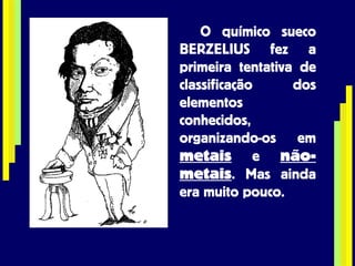 O químico sueco BERZELIUS fez a primeira tentativa de classificação dos elementos conhecidos, organizando-os em  metais  e  não-metais . Mas ainda era muito pouco. 