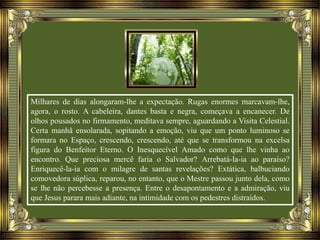 Milhares de dias alongaram-lhe a expectação. Rugas enormes marcavam-lhe,
agora, o rosto. A cabeleira, dantes basta e negra, começava a encanecer. De
olhos pousados no firmamento, meditava sempre, aguardando a Visita Celestial.
Certa manhã ensolarada, sopitando a emoção, viu que um ponto luminoso se
formara no Espaço, crescendo, crescendo, até que se transformou na excelsa
figura do Benfeitor Eterno. O Inesquecível Amado como que lhe vinha ao
encontro. Que preciosa mercê faria o Salvador? Arrebatá-la-ia ao paraíso?
Enriquecê-la-ia com o milagre de santas revelações? Extática, balbuciando
comovedora súplica, reparou, no entanto, que o Mestre passou junto dela, como
se lhe não percebesse a presença. Entre o desapontamento e a admiração, viu
que Jesus parara mais adiante, na intimidade com os pedestres distraídos.
 