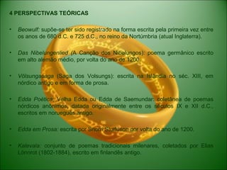 4 PERSPECTIVAS TEÓRICAS
• Beowulf: supõe-se ter sido registrado na forma escrita pela primeira vez entre
os anos de 680 d.C. e 725 d.C., no reino da Nortúmbria (atual Inglaterra).
• Das Nibelungenlied (A Canção dos Nibelungos): poema germânico escrito
em alto alemão médio, por volta do ano de 1200.
• Völsungasaga (Saga dos Volsungs): escrita na Islândia no séc. XIII, em
nórdico antigo e em forma de prosa.
• Edda Poética, Velha Edda ou Edda de Saemundar: coletânea de poemas
nórdicos anônimos, datada originalmente entre os séculos IX e XII d.C.,
escritos em norueguês antigo.
• Edda em Prosa: escrita por Snorri Sturluson por volta do ano de 1200.
• Kalevala: conjunto de poemas tradicionais milenares, coletados por Elias
Lönnrot (1802-1884), escrito em finlandês antigo.
 