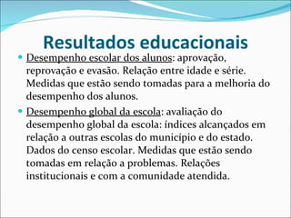 Resultados educacionais Desempenho escolar dos alunos : aprovação, reprovação e evasão.   Relação entre idade e série. Medidas que estão sendo tomadas para a   melhoria do desempenho dos alunos. Desempenho global da escola : avaliação do desempenho global da   escola: índices alcançados em relação a outras escolas do município e   do estado. Dados do censo escolar. Medidas que estão sendo   tomadas em relação a problemas. Relações institucionais e com a   comunidade atendida. 