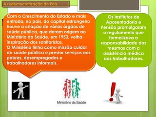 Com o Crescimento do Estado e mais             Os Institutos de
entrada, no país, do capital estrangeiro      Aposentadoria e
houve a criação de vários órgãos de        Pensão promulgaram
saúde pública, que deram origem ao          o regulamento que
Ministério da Saúde, em 1953, velha            formalizava a
inspiração dos sanitaristas.               responsabilidade dos
O Ministério tinha como missão cuidar         mesmos com a
da saúde pública e prestar serviços aos     assistência médica
pobres, desempregados e                      aos trabalhadores.
trabalhadores informais.
 