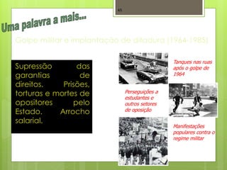 45




Golpe militar e implantação de ditadura (1964-1985)

                                                 Tanques nas ruas
Supressão        das                             após o golpe de
garantias         de                             1964

direitos.    Prisões,
torturas e mortes de            Perseguições a
                                estudantes e
opositores      pelo            outros setores
Estado.     Arrocho             de oposição

salarial.
                                                 Manifestações
                                                 populares contra o
                                                 regime militar
 