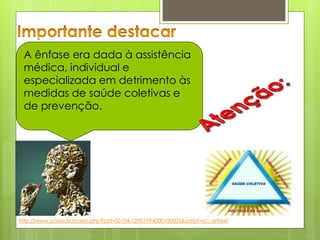 A ênfase era dada à assistência
 médica, individual e
 especializada em detrimento às
 medidas de saúde coletivas e
 de prevenção.




http://www.scielo.br/scielo.php?pid=S0104-12901994000100005&script=sci_arttext
 