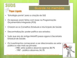 • "Estratégia ponte" para a criação do SUS

• Os repasses eram feitos com base na Programação
  Orçamentária Integrada (POI)

• Criaram-se os Conselhos Estaduais e Municipais de Saúde

• Descentralização: poder político aos estados;

• Tudo que era do antigo INAMPS passa agora à Secretaria
  Estadual de Saúde;

• Os investimentos começaram a ser direcionados ao setor
  público e não mais ao privado:
         -1980: setor público absorvia apenas 28,7%
          - 1987 - público absorveu 54,1%

 http://www.cedec.org.br/files_pdf/Osistemaunificadoedescentralizadodesaude.pdf
 
