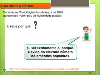 Fique atento a este fato
 De todas as Constituições brasileiras, a de 1988
 apresenta o maior grau de legitimidade popular.


    E sabe por quê




                     Eu sei exatamente o porquê.
                      Devido ao elevado número
                        de emendas populares.


     http://www.amperj.org.br/store/legislacao/constituicao/crfb.pdf
                                                                       92
 
