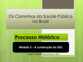 Os Caminhos da Saúde Pública
          no Brasil


  Processo Histórico
    Módulo 3 - A construção do SUS.

         Regina Maria Faria Gomes- 2011
 