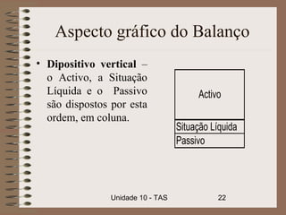 Aspecto gráfico do Balanço
• Dipositivo vertical –
  o Activo, a Situação
  Líquida e o Passivo                   Activo
  são dispostos por esta
  ordem, em coluna.
                                   Situação Líquida
                                   Passivo




                Unidade 10 - TAS              22
 