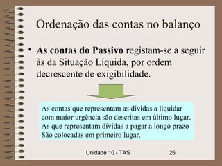 Ordenação das contas no balanço

• As contas do Passivo registam-se a seguir
  às da Situação Líquida, por ordem
  decrescente de exigibilidade.


   As contas que representam as dívidas a liquidar
   com maior urgência são descritas em último lugar.
   As que representam dívidas a pagar a longo prazo
   São colocadas em primeiro lugar.

                 Unidade 10 - TAS           26
 