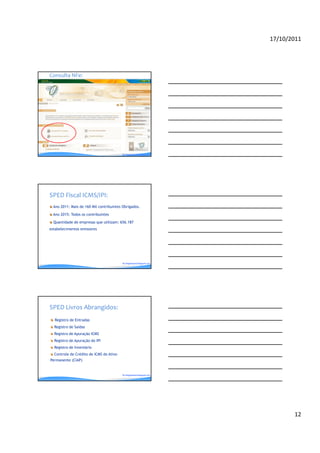 17/10/2011




Consulta NFe:




                                          By blogdosped.blogspot.com




SPED Fiscal ICMS/IPI:
  Ano 2011: Mais de 160 Mil contribuintes Obrigados.

  Ano 2015: Todos os contribuintes

  Quantidade de empresas que utilizam: 656.187
estabelecimentos emissores




                                          By blogdosped.blogspot.com




SPED Livros Abrangidos:
  Registro de Entradas
  Registro de Saídas
  Registro de Apuração ICMS
  Registro de Apuração do IPI
  Registro de Inventário
  Controle de Crédito de ICMS do Ativo
Permanente (CIAP)


                                          By blogdosped.blogspot.com




                                                                              12
 