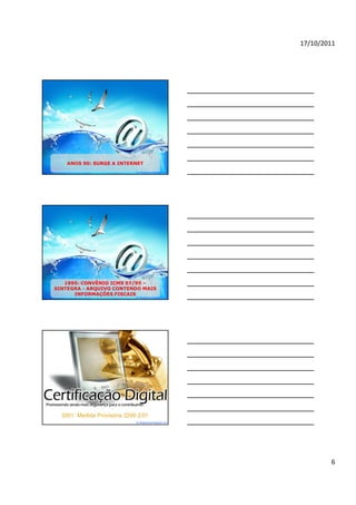 17/10/2011




    ANOS 90: SURGE A INTERNET
                              By blogdosped.blogspot.com




   1995: CONVÊNIO ICMS 57/95 –
SINTEGRA - ARQUIVO CONTENDO MAIS
      INFORMAÇÕES FISCAIS
                              By blogdosped.blogspot.com




  2001: Medida Provisória 2200-2/01
                              By blogdosped.blogspot.com




                                                                   6
 