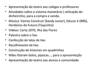 Apresentação do teatro aos colegas e professores Atividades sobre o sistema monetário ( utilização do dinheirinho, para a compra e venda. Música: Vamos Construir (Sandy Junior), Educar é (RBS), Herdeiros do Futuro (Toquinho) Vídeos: Carta 2070, Ilha das Flores Palestra sobre o lixo Confecção de latas de lixo Recolhimento de lixo Construção de historias em quadrinhos Mães fizeram bolos, pipocas..., para a apresentação Apresentação do teatro aos alunos e comunidade 