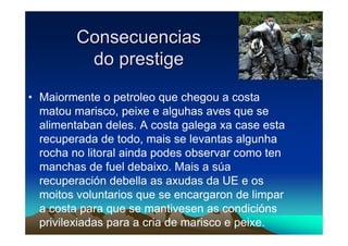 Consecuencias
          do prestige
• Maiormente o petroleo que chegou a costa
  matou marisco, peixe e alguhas aves que se
  alimentaban deles. A costa galega xa case esta
  recuperada de todo, mais se levantas algunha
  rocha no litoral ainda podes observar como ten
  manchas de fuel debaixo. Mais a súa
  recuperación debella as axudas da UE e os
  moitos voluntarios que se encargaron de limpar
  a costa para que se mantivesen as condicións
  privilexiadas para a cria de marisco e peixe.
 