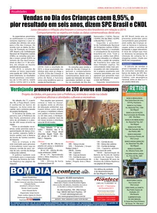2 JORNAL BOM DIA ACONTECE - 01 a 15 DE OUTUBRO DE 2015
Atualidades
Circulação: São Miguel, ITAQUERA, vILA Jacuí,
jd. helena, v. curuça E GUARULHOS
Diretor: Divaldo Rosa
Adm. e Financeiro: Ademyr Rodrigues
Depto. Comercial: João Vitor, Ariane Andrade
e Eduardo Rocha
Jornalista FL: Silmara G. Nunes
Revisão: Suseli Corumba
Fotos: Eduardo Rocha
Diagramador: Sergio Avante
Depto. Jurídico: Agilson M. Oliveira
Distribuição: Mart Press Distribuidora
Impressão:
As matérias assinadas são de exclusiva responsabilidade dos colaboradores e não representam, necessariamente, a opinião do
Jornal. Os nomes dos colaboradores e representantes comercias não mantém vínculo empregatício com a empresa.
A J O R L E ST E
O jornal Acontece Agora é Filiado à
Associação dos Jornais da Zona Leste
Av. dos Guachos, 166 - Vila Curuça
Cep: 08030-360 Itaim Paulista – SP
E-mail: raleste@gmail.com
site: www.grupoacontece.com.br
REDAÇÃO E PUBLICIDADE
2031-2364 | 2513-0928Patente: PROC. 830024034 Classe 16 RPI RM 2087
Tiragem: 40.000 exemplares
cnpj: 03.115.443/0001-16
Em defesa da verdade
e do desenvolvimento
de São Miguel e Região
Uma parceria entre: Rede Bom Dia,
Diário de S. Paulo e Jornal Acontece Agora
Ed. 391 - 1a
Quinzena
de Outubro/2015
Banca Braguinha
Rua Santa Rosa de Lima,
874 Pq. Pauistano.
Banca Cultural
Av. Marechal Tito, 1300
São Miguel
Banca da Estação
Rua Conceição de Almeida,
248 - Vila Mara
Banca do Mercadão
Av. Marechal Tito, 567
São Miguel
Banca do Tom
Rua São Gonçalo do Rio
das Pedras, 800
Banca Naguno
Pça. Francisco Pereira, 80
Vila Curuçá
Banca Nova Geração
Av. Marechal Tito, 686
São Miguel
Banca Oliveira
Av. Oliveira Freire, 604
Padaria Nova Unida
Av. Pires do Rio, 2681
São Miguel
Revistaria Cavoa
Rua Cavoá, 425
Vila Curuçá
Sebo Papel & Caneta
Rua Pedro Soares de
Andrade, 221
Vila Rosaria
Subprefeitura
de São Miguel
R. Dona Ana Flora Pinheiro
de Souza, 76 - Vila Jacuí
As expectativas pessimistas
se confirmaram e o comércio
varejista registrou o pior re-
sultado dos últimos seis anos
para o  Dia  das  Crianças. De
acordo com os dados do Ser-
viço de Proteção ao Crédito
(SPC Brasil) e da Confederação
Nacional de Dirigentes Lojistas
(CNDL), as consultas para ven-
das a prazo  caíram 8,95%  na
semana do  Dia  dasCrianças,
entre os dias 5 e 11 de outu-
bro, em relação ao mesmo
período do ano passado.
Em 2014, o volume de
vendas já havia registrado
uma queda de 1,50%, mas em
anos anteriores, os resultados
foram positivos: crescimen-
tos de 3,15% (2013), 4,83%
(2012), 5,91% (2011) e 8,5%
No sábado, dia 17, a partir
das 9h, a Praça Brasil, como
é conhecida no bairro de
Itaquera, na Zona Leste da
capital, será a próxima parada
do projeto Verdejando.
A iniciativa da Globo, em
parceria com a Prefeitura de
São Paulo, promoverá uma
série de atividades e o plan-
tio de 200 novas árvores na
região.
Entre as atividades recre-
ativas, estão previstas aulas e
apresentações de dança circu-
lar, zumba, capoeira, ballet e
muito samba com a Bateria
da Escola de Samba Leandro
de Itaquera.
Para as crianças, o dia
está reservado para gincanas
e brincadeiras como caça ao
tesouro, corrida do saco, cor-
rida do ovo, corrida da bexiga
e dança das cadeiras.
O público também está
convidado para a exposição
“90 anos da História da Colô-
nia Nipônica nas páginas de
Itaquera”.
Vendas no Dia dos Crianças caem 8,95%, o
pior resultado em seis anos, dizem SPC Brasil e CNDL
Juros elevados e inflação alta frearam o consumo dos brasileiros em relação a 2014.
Comportamento se repetiu em todas as datas comemorativas deste ano.
(2010). Com o resultado de
2015, o recuo acumulado nos
últimos dois anos já chega a
10,32%. O Dia das Crianças é
a última data comemorativa
antes do Natal, e funciona
como uma tendência para as
vendas do final de ano.
As consultas para vendas a
prazo do Dia das Crianças re-
petiram o comportamento
de baixa  das  demais datas
comemorativas deste ano:  a
queda nas intenções de vendas
parceladas também se repe-
tiu no resultado do  Dia  dos
do SPC Brasil, neste ano, os
presentes  preferidos pelos
consumidores para presente-
arem noDia  das  Crianças  se-
riam as bonecas e bonecos,
roupas; aviões e carrinhos de
brinquedo e jogos educativos.
O local de compra que mais
se destacou na pesquisa de
intenção de compras foi o
shopping center, citado por
48,9% dos compradores.
Metodologia
O cálculo de vendas a
prazo é baseado no volume
de consultas realizadas ao
banco de dados do SPC Bra-
sil (Serviço de Proteção ao
Crédito), com abrangência
nacional, entre os dias 5 e 11
de outubro deste ano.
Verdejando promove plantio de 200 árvores em Itaquera
Projeto da Globo, em parceria com a Prefeitura, estimula o verde na cidade
e promove oficinas e atividades culturais e recreativas
Para aqueles que quiserem
colocar a “mão na massa”,
as opções serão as oficinas
de educação ambiental, que
trazem temas como plantio
em pneus e mobiliário urbano
com pallets e horta domésti-
ca. Em dois anos, o Verdejan-
do ajudou a plantar mais de
mil novas árvores e distribuiu
cerca de 50 mil mudas.
VERDEJANDO ITAQUERA
Data:  Sábado, 17 de ou-
tubro - Horário:  das 9 às
17h. - Local:  Praça Brasil
(Avenida Nagib Farah Ma-
luf, altura do nº 900) – Co-
hab 2 – Itaquera.
Oficinas:
A partir das 9h - Oficina de
plantio em pneus e mobiliário
urbano com pallets
9h às 13h - Oficina de edu-
cação ambiental | SVMA
9h às 17h - Aprendendo
sobre a Mata Atlântica | SOS
Mata Atlântica
14h – Oficina de horta
doméstica| Green SP
Atividades:
09h – Dança circular
09h – Pedalada | Grupo
Pedala Cohab 2
09h30 – Zumba
10h – Capoeira
10h – Caça ao tesouro
11h – Corrida do saco
11h30 – Apresentação de
ballet | Projeto Arte e Movi-
mento
13h – Corrida do ovo
14h – Dança das cadeiras
15h – Corrida da bexiga
15h – Capoeira: apresen-
tação e troca de corda
16h30 – Apresentação da
Bateria da Escola de Samba
Leandro de Itaquera. Todo
o dia - Exposição 90 anos da
História da Colônia Nipônica
nas páginas de Itaquera
Namorados (-7,82%), Páscoa
(-4,93%), Dia das Mães (-0,59%)
e Dia dos Pais (-11,21%).
S egundo o presiden-
te  da  Confederação Nacional
de Dirigentes Lojistas (CNDL),
Honório Pinheiro, o resultado
é consequência da economia
brasileira em crise. “Com o
acesso ao crédito mais difícil,
os juros elevados e a inflação
mais alta, o poder de compras
do brasileiro fica cada vez
mais limitado”, explica. “Os
consumidores estão mais pre-
ocupados em não comprome-
ter o próprio orçamento com
compras parceladas, por isso
optaram por presentes mais
baratos e geralmente pagos
a vista”, diz Pinheiro.
Segundo levantamento
 