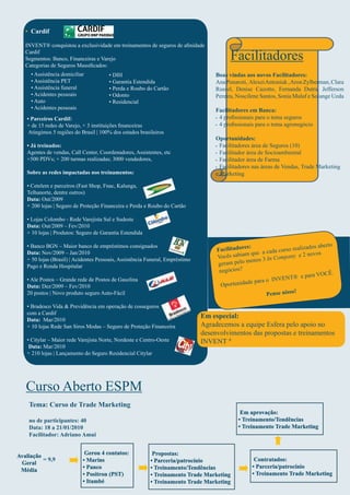 • Cardif

   INVENT® conquistou a exclusividade em treinamentos de seguros de aﬁnidade
   Cardif
   Segmentos: Banco, Financeiras e Varejo                                                 Facilitadores
   Categorias de Seguros Massiﬁcados:
     • Assistência domiciliar          • DIH                                        Boas vindas aos novos Facilitadores:
     • Assistência PET                 • Garantia Estendida                         Ana Penaroti, Alexei Antoniuk , Aron Zylberman, Clara
     • Assistência funeral             • Perda e Roubo do Cartão                    Russel, Denise Cazotto, Fernanda Dutra, Jefferson
     • Acidentes pessoais              • Odonto                                     Pereira, Noscilene Santos, Sonia Maluf e Solange Ueda
     • Auto                            • Residencial
     • Acidentes pessoais                                                           Facilitadores em Banca:
   • Parceiros Cardif:                                                              • 4 proﬁssionais para o tema seguros

   + de 15 redes de Varejo, + 3 instituições ﬁnanceiras                             • 4 proﬁssionais para o tema agronegócio

    Atingimos 5 regiões do Brasil | 100% dos estados brasileiros
                                                                                    Oportunidades:
   • Já treinados:                                                                  • Facilitadores área de Seguros (10)
   Agentes de vendas, Call Center, Coordenadores, Assistentes, etc                  • Facilitador área de Socioambiental
   +500 PDVs; + 200 turmas realizadas; 3000 vendedores,                             • Facilitador área de Farma
                                                                                    • Facilitadores nas áreas de Vendas, Trade Marketing
   Sobre as redes impactadas nos treinamentos:                                      e Marketing

   • Cetelem e parceiros (Fast Shop, Fnac, Kalunga,
   Telhanorte, dentre outros)
   Data: Out/2009
   + 200 lojas | Seguro de Proteção Financeira e Perda e Roubo do Cartão

   • Lojas Colombo - Rede Varejista Sul e Sudeste
   Data: Out/2009 – Fev/2010
   + 10 lojas | Produtos: Seguro de Garantia Estendida

                                                                                                                                      to
   • Banco BGN – Maior banco de empréstimos consignados
                                                                                    Facilitadore
                                                                                                 s:                     alizados aber
   Data: Nov/2009 – Jan/2010                                                                    m que a   cada curso re
                                                                                    Vocês sabia                            2 novos
                                                                                                             Company e
   + 50 lojas (Brasil) | Acidentes Pessoais, Assistência Funeral, Empréstimo
                                                                                    geram pel o menos 3 In
   Pago e Renda Hospitalar
                                                                                     negócios?
                                                                                                                                  OCÊ.
                                                                                                                     ® e para V
   • Ale Postos – Grande rede de Postos de Gasolina                                                e para o INVENT
   Data: Dez/2009 – Fev/2010                                                          Oportunidad
                                                                                                                      !
   20 postos | Novo produto seguro Auto-Fácil                                                             Pense nisso

   • Bradesco Vida & Previdência em operação de cosseguros
   com a Cardif
   Data: Mar/2010
                                                                               Em especial:
   + 10 lojas Rede San Siros Modas – Seguro de Proteção Financeira             Agradecemos a equipe Esfera pelo apoio no
                                                                               desenvolvimentos das propostas e treinamentos
   • Citylar – Maior rede Varejista Norte, Nordeste e Centro-Oeste             INVENT ®
    Data: Mar/2010
   + 210 lojas | Lançamento do Seguro Residencial Citylar




   Curso Aberto ESPM
    Tema: Curso de Trade Marketing
                                                                                              Em aprovação:
    no de participantes: 40                                                                  • Treinamento/Tendências
    Data: 18 a 21/01/2010                                                                    • Treinamento Trade Marketing
    Facilitador: Adriano Amui


Avaliação                    Gerou 4 contatos:             Propostas:
          = 9,9             • Marins                      • Parceria/patrocínio                     Contratados:
 Geral
                            • Panco                       • Treinamento/Tendências                 • Parceria/patrocínio
 Média
                            • Positron (PST)              • Treinamento Trade Marketing            • Treinamento Trade Marketing
                            • Itambé                      • Treinamento Trade Marketing
 