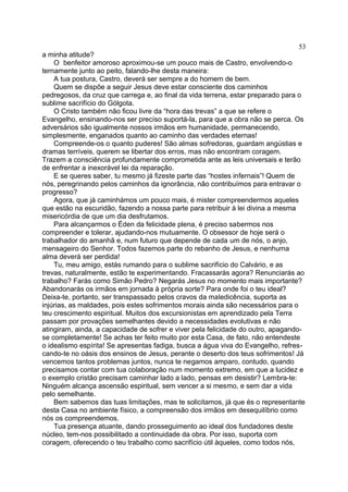 a minha atitude?
O benfeitor amoroso aproximou-se um pouco mais de Castro, envolvendo-o
ternamente junto ao peito, falando-lhe desta maneira:
A tua postura, Castro, deverá ser sempre a do homem de bem.
Quem se dispõe a seguir Jesus deve estar consciente dos caminhos
pedregosos, da cruz que carrega e, ao final da vida terrena, estar preparado para o
sublime sacrifício do Gólgota.
O Cristo também não ficou livre da “hora das trevas” a que se refere o
Evangelho, ensinando-nos ser precíso suportá-la, para que a obra não se perca. Os
adversários são igualmente nossos irmãos em humanidade, permanecendo,
simplesmente, enganados quanto ao caminho das verdades eternas!
Compreende-os o quanto puderes! São almas sofredoras, guardam angústias e
dramas terríveis, querem se libertar dos erros, mas não encontram coragem.
Trazem a consciência profundamente comprometida ante as leis universais e terão
de enfrentar a inexorável lei da reparação.
E se queres saber, tu mesmo já fizeste parte das “hostes infernais”! Quem de
nós, peregrinando pelos caminhos da ignorância, não contribuímos para entravar o
progresso?
Agora, que já caminhámos um pouco mais, é mister compreendermos aqueles
que estão na escuridão, fazendo a nossa parte para retribuir à lei divina a mesma
misericórdia de que um dia desfrutamos.
Para alcançarmos o Éden da felicidade plena, é preciso sabermos nos
compreender e tolerar, ajudando-nos mutuamente. O obsessor de hoje será o
trabalhador do amanhã e, num futuro que depende de cada um de nós, o anjo,
mensageiro do Senhor. Todos fazemos parte do rebanho de Jesus, e nenhuma
alma deverá ser perdida!
Tu, meu amigo, estás rumando para o sublime sacrifício do Calvário, e as
trevas, naturalmente, estão te experimentando. Fracassarás agora? Renunciarás ao
trabalho? Farás como Simão Pedro? Negarás Jesus no momento mais importante?
Abandonarás os irmãos em jornada à própria sorte? Para onde foi o teu ideal?
Deixa-te, portanto, ser transpassado pelos cravos da maledicência, suporta as
injúrias, as maldades, pois estes sofrimentos morais ainda são necessários para o
teu crescimento espiritual. Muitos dos excursionistas em aprendizado pela Terra
passam por provações semelhantes devido a necessidades evolutivas e não
atingiram, ainda, a capacidade de sofrer e viver pela felicidade do outro, apagando-
se completamente! Se achas ter feito muito por esta Casa, de fato, não entendeste
o idealismo espírita! Se apresentas fadiga, busca a água viva do Evangelho, refres-
cando-te no oásis dos ensinos de Jesus, perante o deserto dos teus sofrimentos! Já
vencemos tantos problemas juntos, nunca te negamos amparo, contudo, quando
precisamos contar com tua colaboração num momento extremo, em que a lucidez e
o exemplo cristão precisam caminhar lado a lado, pensas em desistir? Lembra-te:
Ninguém alcança ascensão espiritual, sem vencer a si mesmo, e sem dar a vida
pelo semelhante.
Bem sabemos das tuas limitações, mas te solicitamos, já que és o representante
desta Casa no ambiente físico, a compreensão dos irmãos em desequilíbrio como
nós os compreendemos.
Tua presença atuante, dando prosseguimento ao ideal dos fundadores deste
núcleo, tem-nos possibilitado a continuidade da obra. Por isso, suporta com
coragem, oferecendo o teu trabalho como sacrifício útil àqueles, como todos nós,
53
 