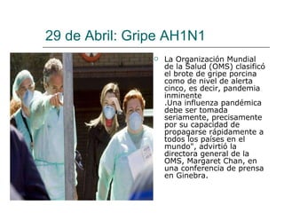 29 de Abril: Gripe AH1N1 La Organización Mundial de la Salud (OMS) clasificó el brote de gripe porcina como de nivel de alerta cinco, es decir, pandemia inminente  .Una influenza pandémica debe ser tomada seriamente, precisamente por su capacidad de propagarse rápidamente a todos los países en el mundo", advirtió la directora general de la OMS, Margaret Chan, en una conferencia de prensa en Ginebra. 