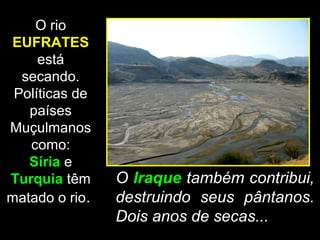 O rio
EUFRATES
     está
  secando.
 Políticas de
   países
Muçulmanos
   como:
   Síria e
Turquia têm     O Iraque também contribui,
matado o rio.   destruindo seus pântanos.
                Dois anos de secas...
 