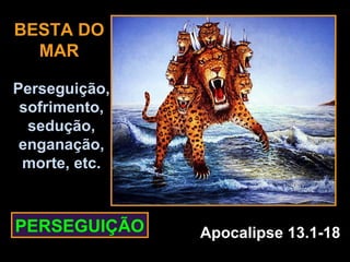BESTA DO
  MAR

Perseguição,
 sofrimento,
  sedução,
 enganação,
 morte, etc.



PERSEGUIÇÃO    Apocalipse 13.1-18
 