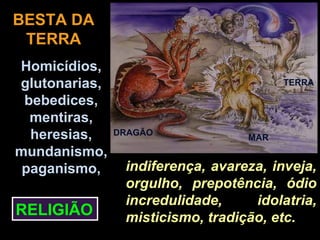 BESTA DA
 TERRA
Homicídios,
glutonarias,                            TERRA

 bebedices,
  mentiras,
  heresias,    DRAGÃO
                                  MAR
mundanismo,
 paganismo,     indiferença, avareza, inveja,
                orgulho, prepotência, ódio
                incredulidade,     idolatria,
RELIGIÃO        misticismo, tradição, etc.
 