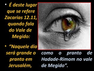 • É deste lugar
 que se refere
Zacarias 12.11,
  quando fala
  do Vale de
   Megido:
• “Naquele dia
 será grande o    como o pranto de
   pranto em      Hadade-Rimom no vale
  Jerusalém,      de Megido”.
 