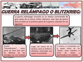 Primero se utilizaba la
división
“Panzerdisionen”, como
punta de lanza para abrir
las defensas de los
enemigos, fue una novedad
para la época
Luego, del avance de los
tanques, venia la artillería e
infantería motorizada para
apoyar la arremetida.
El sistema se completaba con
el apoyo aéreo de los
“Stukas”, estos impedían el
envió de ayuda y
atemorizaban a los soldados
La guerra relámpago consistía en un ataque concentrado de
gran parte de la fuerza militar Alemana, este tipo de guerra
llevo al éxito en la primera parte de la guerra, consistía en los
siguiente
 
