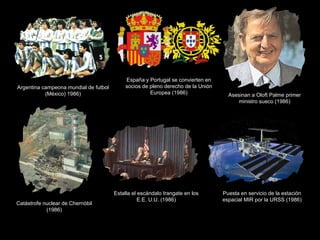 Argentina campeona mundial de futbol (México) 1986) España y Portugal se convierten en socios de pleno derecho de la Unión Europea (1986) Asesinan a Oloft Palme primer ministro sueco (1986) Catástrofe nuclear de Chernóbil (1986) Estalla el escándalo Irangate en los E.E. U.U. (1986) Puesta en servicio de la estación espacial MIR por la URSS (1986) 