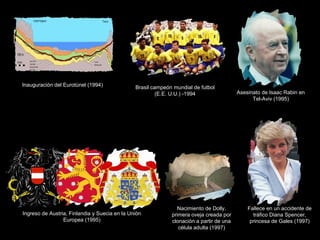 Inauguración del Eurotúnel (1994) Brasil campeón mundial de futbol
(E.E. U.U.) -1994 Asesinato de Isaac Rabin en
Tel-Aviv (1995)
Ingreso de Austria, Finlandia y Suecia en la Unión
Europea (1995)
Nacimiento de Dolly,
primera oveja creada por
clonación a partir de una
célula adulta (1997)
Fallece en un accidente de
tráfico Diana Spencer,
princesa de Gales (1997)
 
