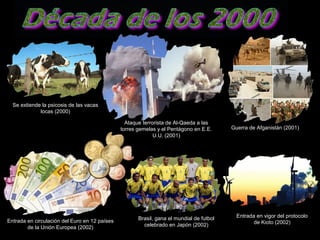 Se extiende la psicosis de las vacas
locas (2000)
Ataque terrorista de Al-Qaeda a las
torres gemelas y el Pentágono en E.E.
U.U. (2001)
Guerra de Afganistán (2001)
Entrada en circulación del Euro en 12 países
de la Unión Europea (2002)
Brasil, gana el mundial de futbol
celebrado en Japón (2002)
Entrada en vigor del protocolo
de Kioto (2002)
 