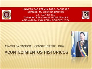 UNIVERSIDAD FERMIN TORO, CABUDARE
NOMBRE: M. CRISTINA BARRIOS
C.I.: 19.482.619
CARRERA: RELACIONES INDUSTRIALES
ASIGNATURA: EVOLUCION SOCIOPOLITICA

ASAMBLEA NACIONAL CONSTITUYENTE 1999

 