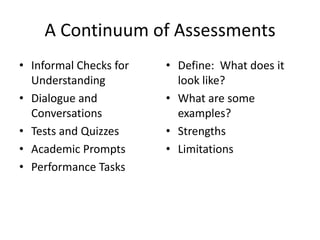 A Continuum of Assessments
• Informal Checks for   • Define: What does it
  Understanding           look like?
• Dialogue and          • What are some
  Conversations           examples?
• Tests and Quizzes     • Strengths
• Academic Prompts      • Limitations
• Performance Tasks
 