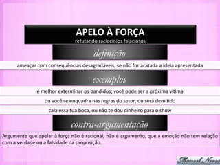 APELO	
  À	
  FORÇA	
  
                                                     refutando	
  raciocínios	
  falaciosos	
  

                                                                  definição
          ameaçar	
  com	
  consequências	
  desagradáveis,	
  se	
  não	
  for	
  acatada	
  a	
  ideia	
  apresentada	
  

                                                                 exemplos
                         é	
  melhor	
  exterminar	
  os	
  bandidos;	
  você	
  pode	
  ser	
  a	
  próxima	
  ví-ma	
  
                              ou	
  você	
  se	
  enquadra	
  nas	
  regras	
  do	
  setor,	
  ou	
  será	
  demi-do	
  
                                 cala	
  essa	
  tua	
  boca,	
  ou	
  não	
  te	
  dou	
  dinheiro	
  para	
  o	
  show	
  

                                                  contra-argumentação
Argumente	
   que	
   apelar	
   à	
   força	
   não	
   é	
   racional,	
   não	
   é	
   argumento,	
   que	
   a	
   emoção	
   não	
   tem	
   relação	
  
com	
  a	
  verdade	
  ou	
  a	
  falsidade	
  da	
  proposição.	
  
 