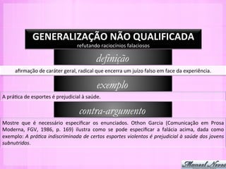 GENERALIZAÇÃO	
  NÃO	
  QUALIFICADA	
  
                                                   refutando	
  raciocínios	
  falaciosos	
  

                                                               definição
        aﬁrmação	
  de	
  caráter	
  geral,	
  radical	
  que	
  encerra	
  um	
  juízo	
  falso	
  em	
  face	
  da	
  experiência.	
  

                                                                exemplo
A	
  prá-ca	
  de	
  esportes	
  é	
  prejudicial	
  à	
  saúde.	
  

                                                    contra-argumento
Mostre	
   que	
   é	
   necessário	
   especiﬁcar	
   os	
   enunciados.	
   Othon	
   Garcia	
   (Comunicação	
   em	
   Prosa	
  
Moderna,	
   FGV,	
   1986,	
   p.	
   169)	
   ilustra	
   como	
   se	
   pode	
   especiﬁcar	
   a	
   falácia	
   acima,	
   dada	
   como	
  
exemplo:	
  A	
  práPca	
  indiscriminada	
  de	
  certos	
  esportes	
  violentos	
  é	
  prejudicial	
  à	
  saúde	
  dos	
  jovens	
  
subnutridos.	
  
 