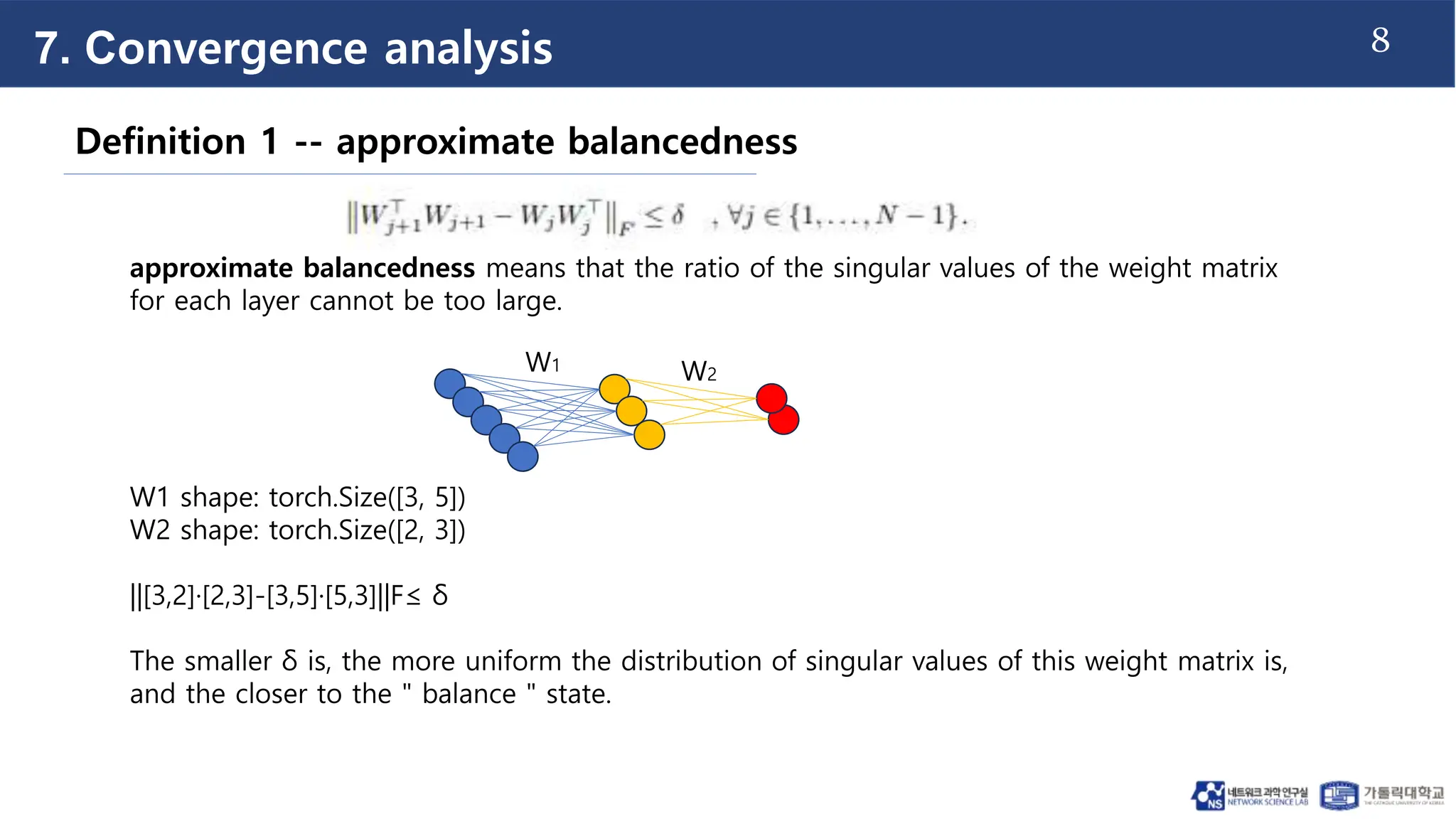 8
7. Convergence analysis
Definition 1 -- approximate balancedness
approximate balancedness means that the ratio of the singular values of the weight matrix
for each layer cannot be too large.
W1 shape: torch.Size([3, 5])
W2 shape: torch.Size([2, 3])
||[3,2]·[2,3]-[3,5]·[5,3]||F≤ δ
The smaller δ is, the more uniform the distribution of singular values of this weight matrix is,
and the closer to the " balance " state.
W1 W2
 